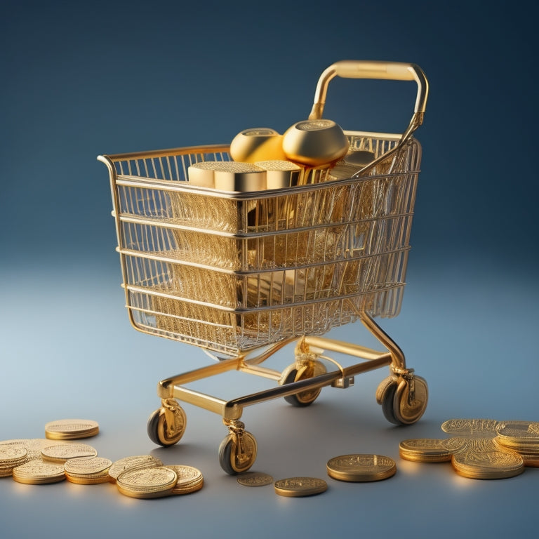 An illustration of interconnected gold chains forming a shopping cart, with each link featuring a WooCommerce icon, surrounded by subtle ecommerce elements like tiny products and coins.