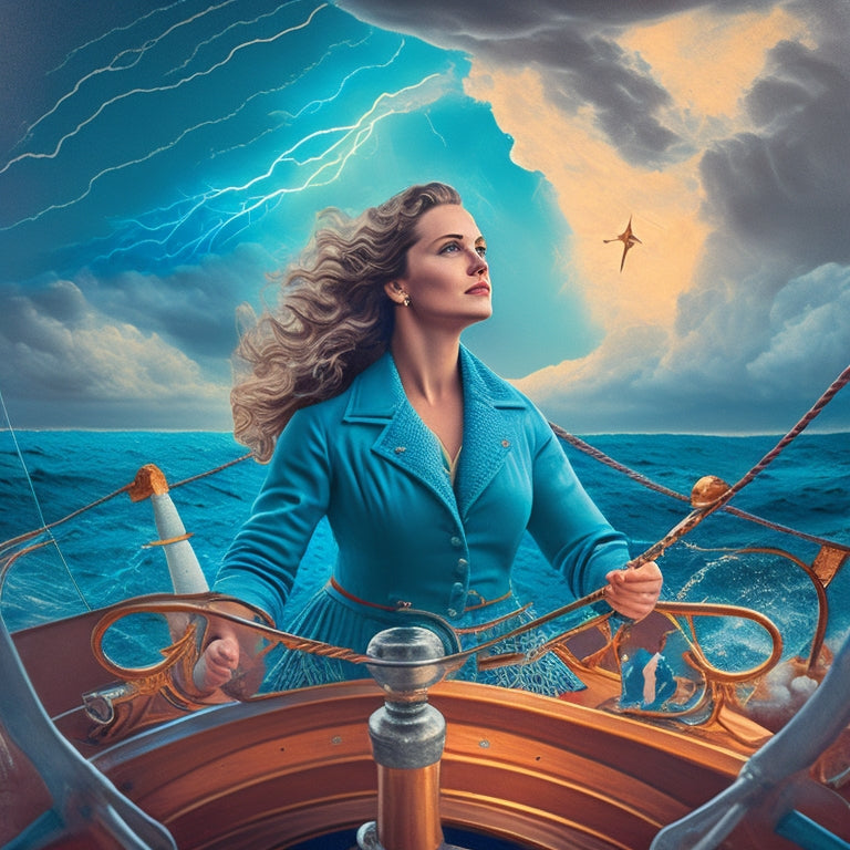 A stylized illustration of a woman (Jenny) standing at the helm of a sailboat, navigating through choppy waters, surrounded by swirling clouds and lightning bolts, with a compass in hand.