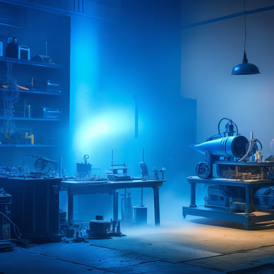 A futuristic, dimly lit workshop with a 3D printer at its center, surrounded by intricate models, gears, and tools, amidst a halo of soft blue light and wispy tendrils of smoke.