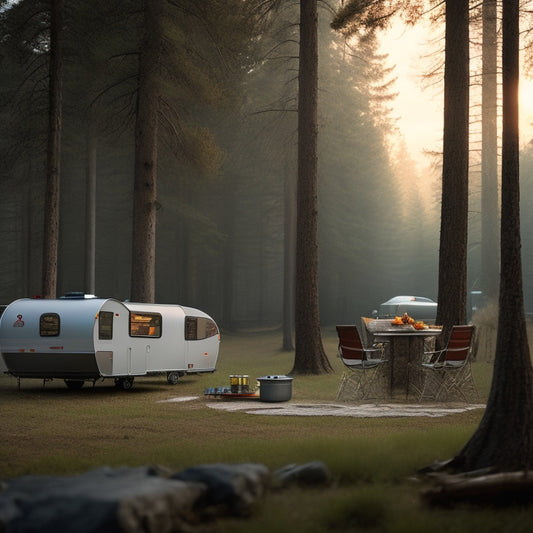 A serene forest campsite at dawn, with a sleek, silver camping trailer and a spacious, organized kitchen area featuring a portable grill, cooking station, and utensil-laden countertops.