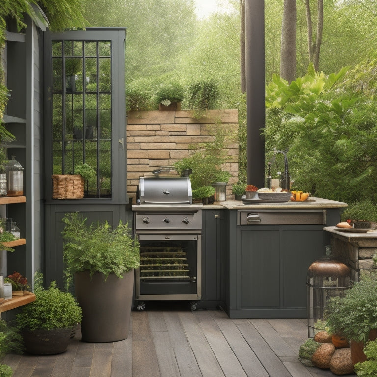 A serene outdoor kitchen with a built-in grill, surrounded by lush greenery, featuring a vertical herb garden, a rustic wooden cabinet with pull-out utensil organizers, and a sleek, slide-out trash can.