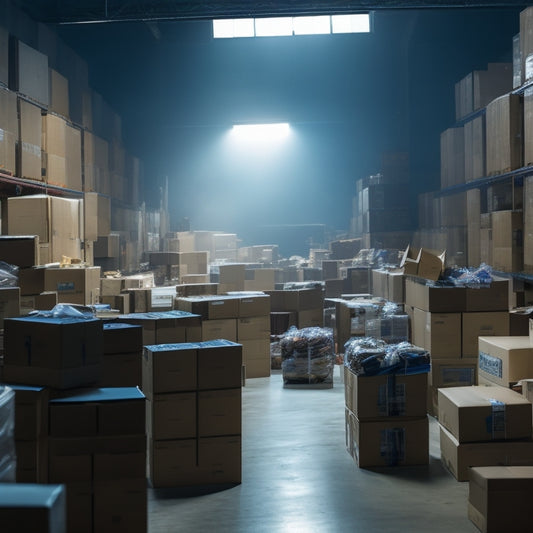 A dimly lit, cramped, and cluttered warehouse filled with rows of cardboard boxes overflowing with shiny, modern faucets, amidst scattered packing materials and torn plastic wrapping.