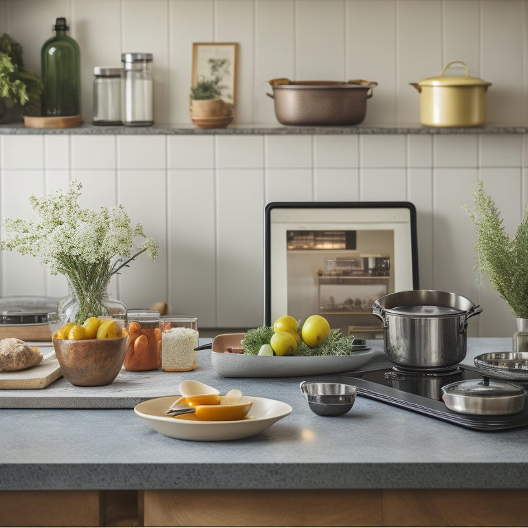 A cluttered kitchen counter with scattered recipe books, utensils, and ingredients, transformed into a serene space with a tablet and stylus, surrounded by organized digital devices and a minimalist kitchen backdrop.