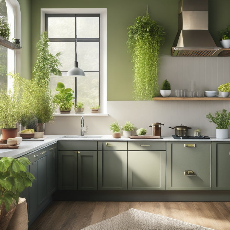 A serene kitchen with sleek, empty countertops, a few strategically placed appliances, and a single, thriving green plant on a wall-mounted shelf, surrounded by warm, natural light.