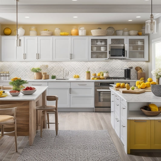 A bright, modern kitchen with sleek countertops, a large island, and a mix of open and closed storage units, including pull-out drawers, lazy susans, and wall-mounted shelves, showcasing organized cookware and utensils.