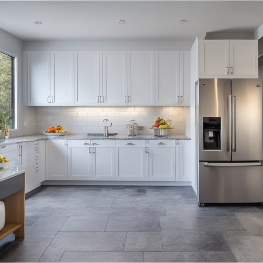 A sleek, modern kitchen with a large, stainless steel refrigerator as the centerpiece, surrounded by minimalist white cabinets, granite countertops, and a subtle, warm lighting ambiance.