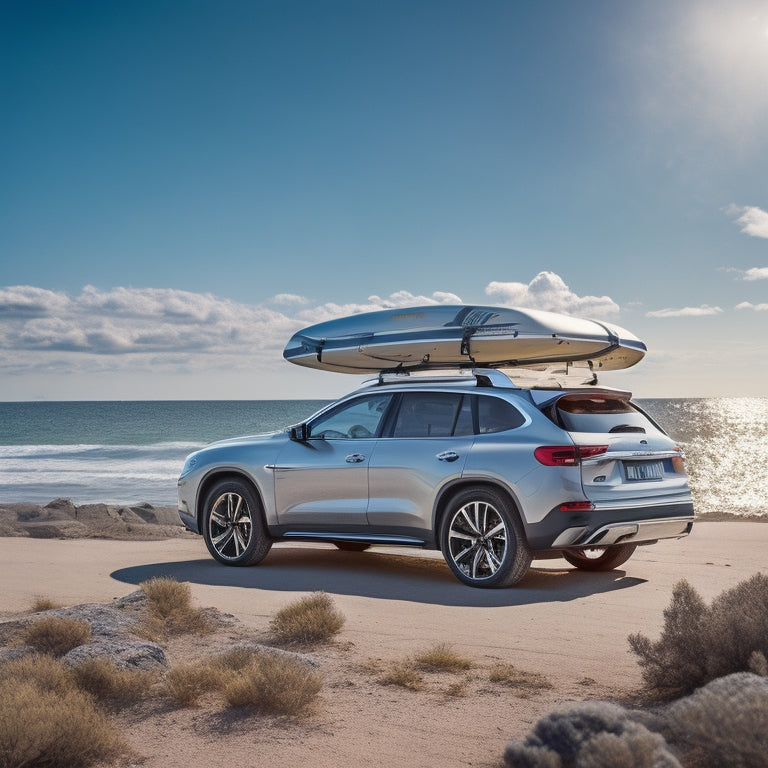 A sleek, silver SUV with a sturdy, aerodynamic roof rack system, featuring adjustable crossbars and a few surfboards or bikes securely attached, set against a bright blue sky with fluffy white clouds.