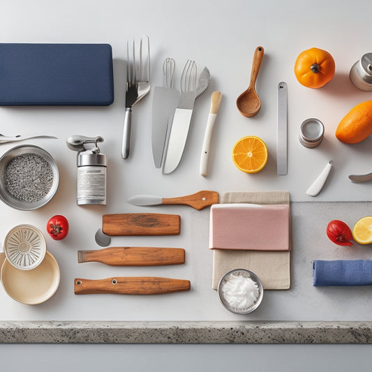 A clutter-free kitchen counter with a few, carefully arranged, essential tools: a stainless steel chef's knife, a silicone spatula, a compact can opener, and a small, stackable cookbook.