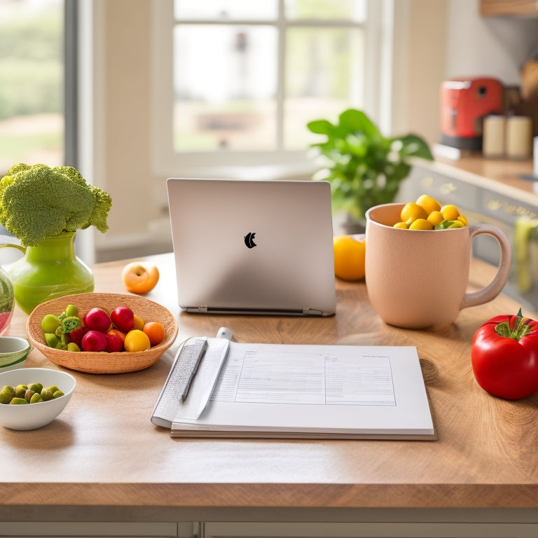 A bright and airy kitchen scene with a wooden table, a laptop, and a notebook with a partially filled meal planning template, surrounded by healthy ingredients and a few fresh vegetables.