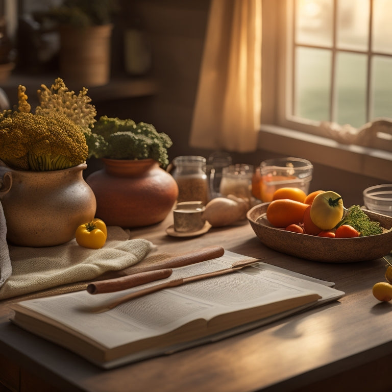 A warm, rustic kitchen table with a worn wooden spoon, a few fresh vegetables, a open recipe book, and a scattered assortment of coupons and meal planning notes, surrounded by soft, golden light.