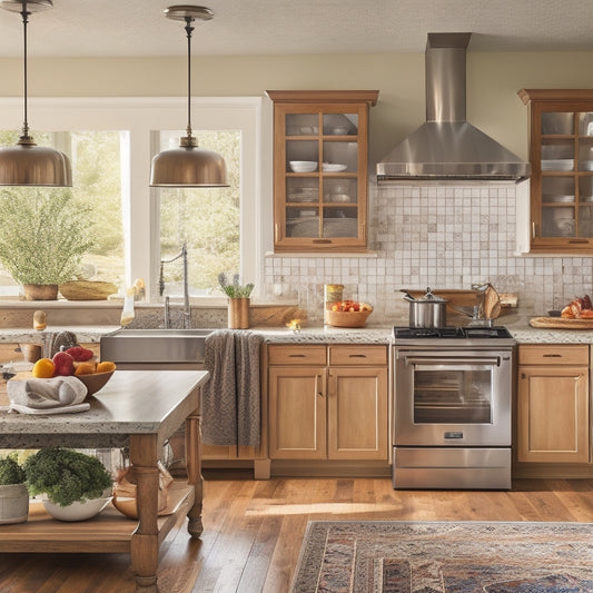 A warm and inviting kitchen interior with a large island, L-shaped counter, and a cooktop with a stainless steel hood, surrounded by utensils, cookbooks, and a few fresh ingredients.