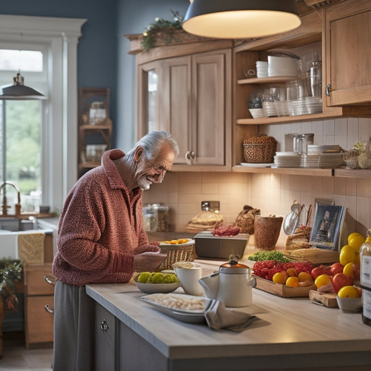 A tidy, well-lit kitchen with a senior adult in the background, surrounded by minimal clutter, with a tablet on the counter displaying a digital kitchen organizer app, and a few labeled storage bins and baskets nearby.