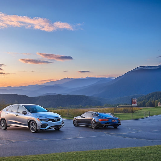 A serene landscape of the Blue Ridge Mountains in the background, with a modern Valley Honda dealership in the foreground, featuring a variety of shiny new vehicles on display.