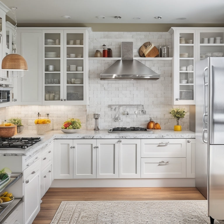 A bright, modern kitchen with sleek white cabinets, stainless steel appliances, and a large central island, featuring a utensil organizer, a spice rack, and a few neatly arranged cookbooks.