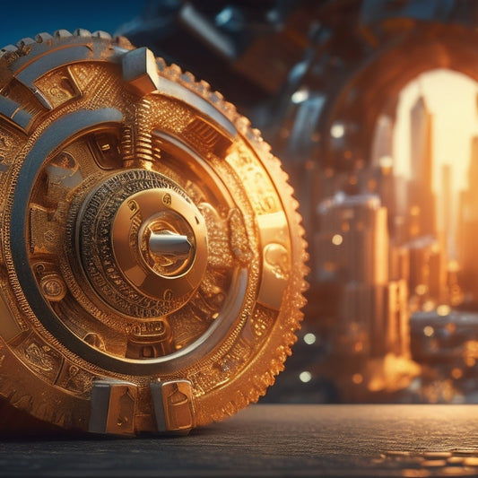 A futuristic, metallic key unlocking a vault filled with gold coins, surrounded by gears, cogs, and sparks, set against a background of rising graphs and city skylines.