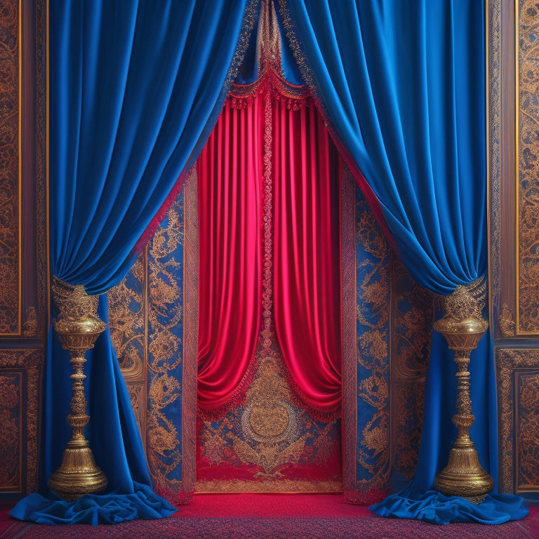 A luxurious, velvet-red curtain pulled back to reveal a golden keyhole, surrounded by intricate, ornate patterns and subtle, shimmering spotlights, against a dark, rich blue background.