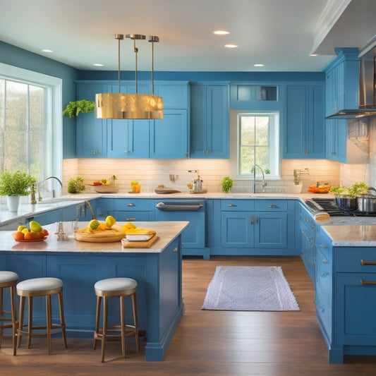 A bright, modern kitchen with varied layout scenarios: a U-shaped counter with sink and stove, an L-shaped island with pendant lights, and a galley layout with a farmhouse sink.