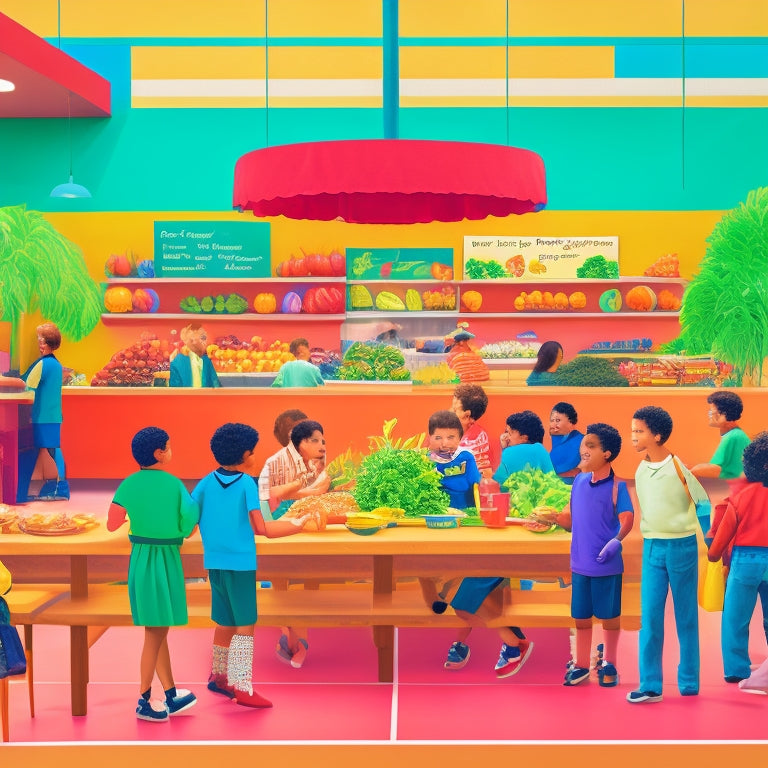 A vibrant, modern illustration of a bustling school cafeteria with diverse students enjoying nutritious meals, surrounded by colorful fruits, vegetables, and whole grains, with a subtle hint of a menu board in the background.