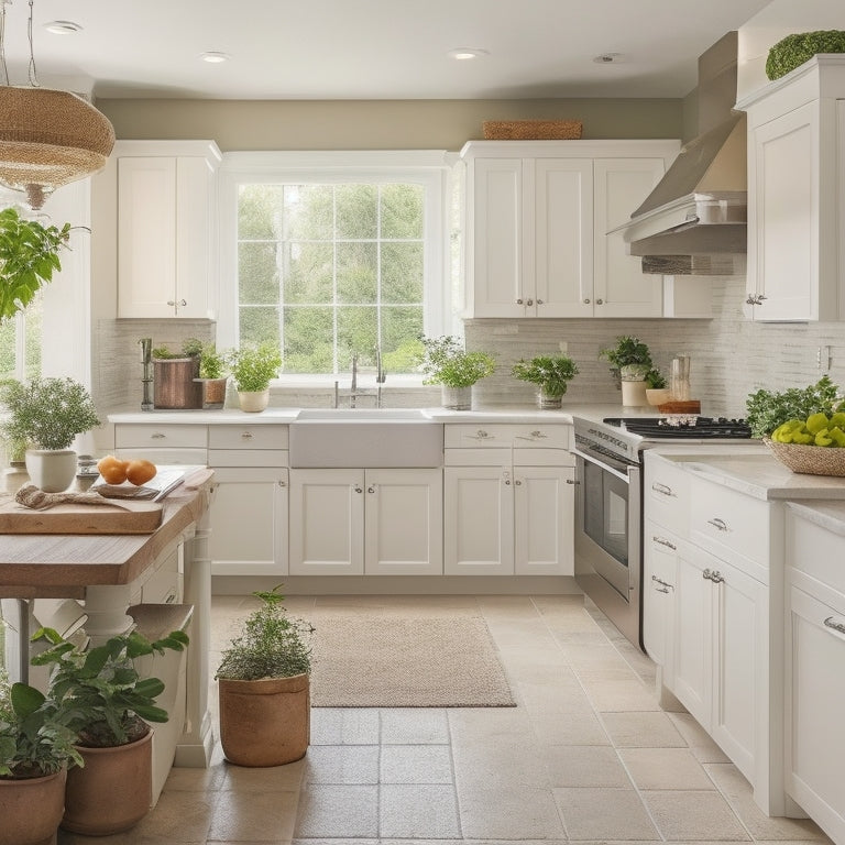 A serene kitchen with cream-colored cabinets, stainless steel appliances, and a large island featuring built-in drawers, a sink, and a butcher-block countertop, surrounded by a few, strategically placed, potted plants.