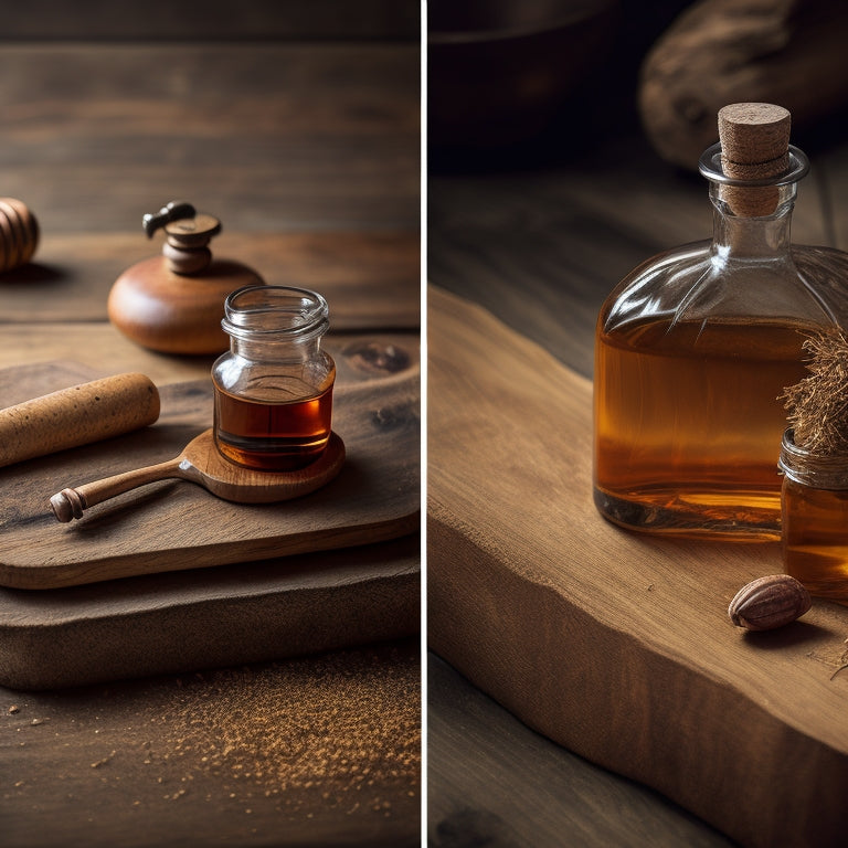 A rustic wooden cutting board, worn and scratched, next to a beautifully restored one, gleaming with a rich, honey-brown finish, surrounded by a few scattered wood shavings and a small bottle of oil.