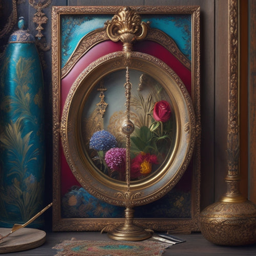 A luxurious, gold-framed, ornate keyhole with a soft, white glow emanating from within, surrounded by scattered, high-quality art prints and a few loose, colorful paintbrushes on a rich, dark wood background.