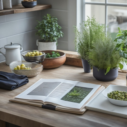 A modern kitchen counter with a tidy arrangement of a tablet, a cookbook, and a few scattered recipe printouts, surrounded by a few utensils and a small potted herb plant.