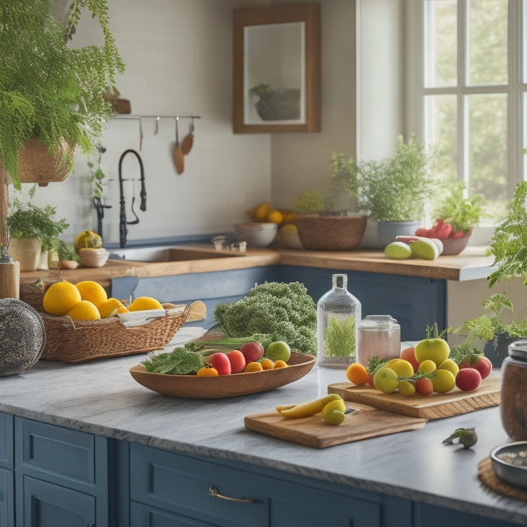 A serene kitchen scene with a tidy countertop, a few fresh fruits and vegetables, a meal planning calendar, and a laptop open to a meal planning website or app, surrounded by calming plants and natural light.