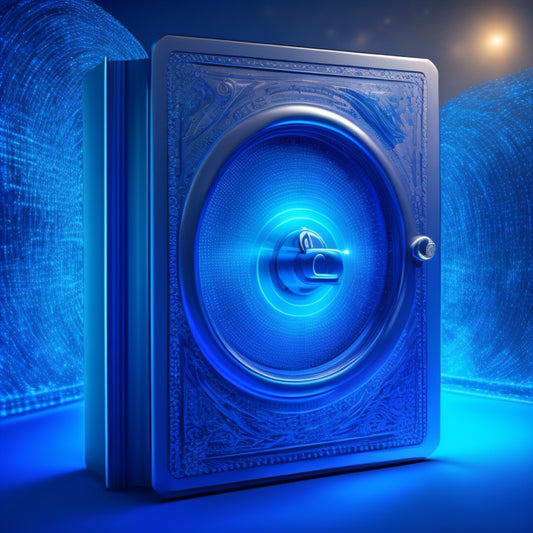 A futuristic, glowing blue folder with a silver lock and keyhole, surrounded by swirling, shimmering data streams and tiny, orbiting gears, set against a dark, gradient blue background.