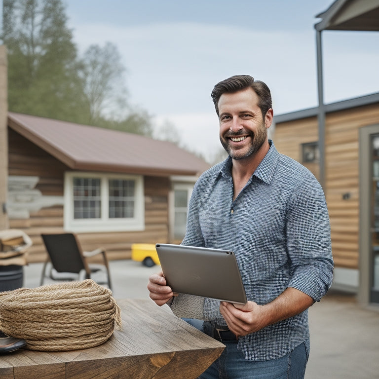 An image of a smiling lumberyard owner standing in a well-organized yard, surrounded by YellaWood-branded products, with a tablet and a satisfied customer in the background, amidst a subtle cityscape.