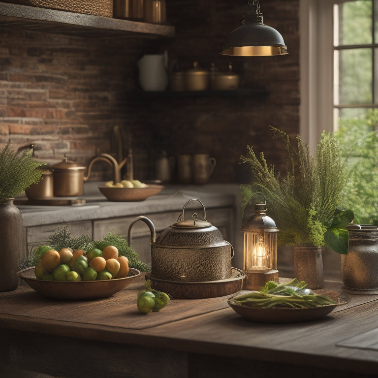 A warm and inviting kitchen scene featuring a rustic wooden table, vintage metal lanterns, and a distressed brick backsplash, surrounded by lush greenery and soft, golden lighting.