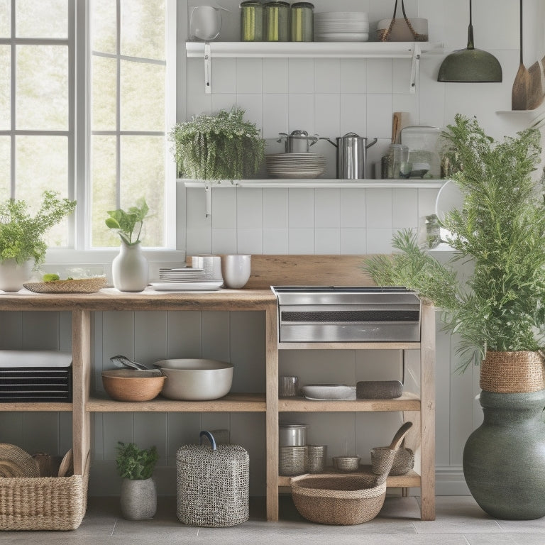 A serene, well-organized kitchen with a few, carefully selected cookbooks on a wooden shelf, a utensil organizer on the counter, and a single, elegant vase with fresh greens on the island.