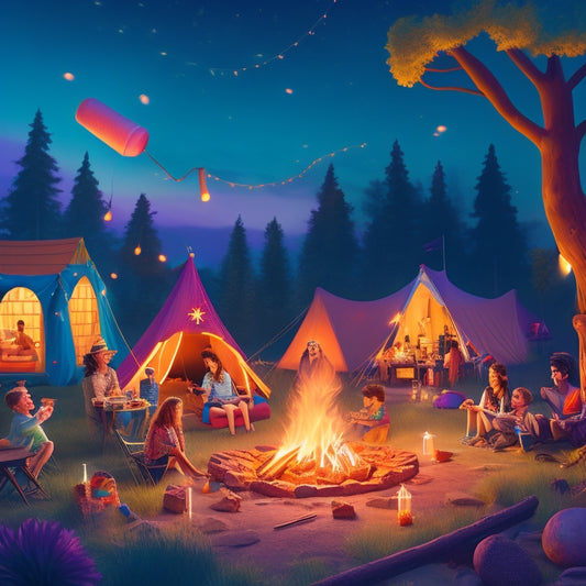 A whimsical illustration of a campsite at dusk, featuring colorful lanterns, twinkling string lights, and a giant bonfire surrounded by friends laughing, roasting marshmallows, and playing musical instruments.