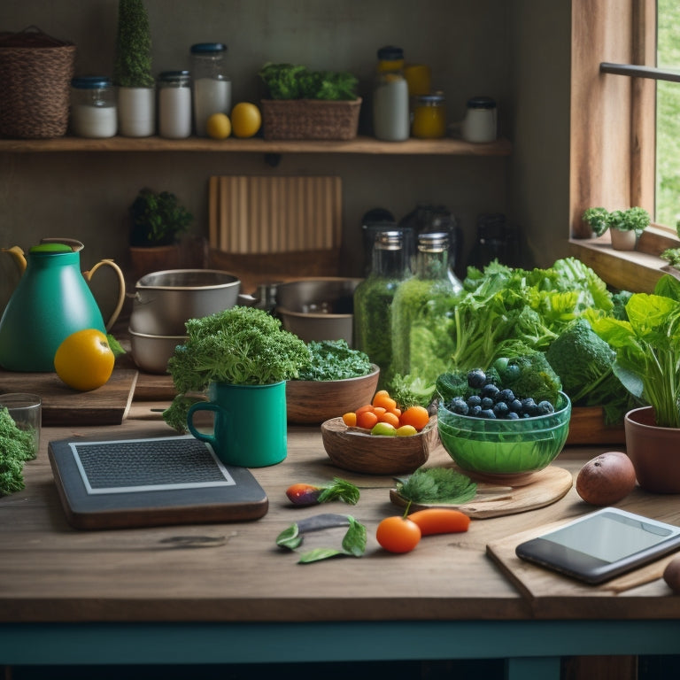 A serene kitchen scene featuring a laptop, tablet, and smartphone, surrounded by vibrant vegetables, cookbooks, and utensils, with a subtle green and wooden accents, illuminated by soft natural light.