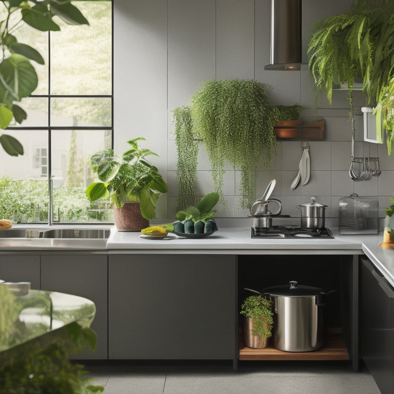 A crisp, well-organized kitchen with a minimalist aesthetic, featuring a stainless steel countertop, a few strategically placed utensils, and a small compost bin, surrounded by lush greenery.