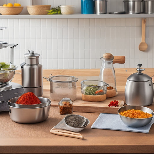 A clutter-free kitchen counter with a wooden cutting board, a stainless steel stand mixer, a digital kitchen scale, a set of measuring cups, and a few neatly labeled spice jars arranged in a harmonious composition.