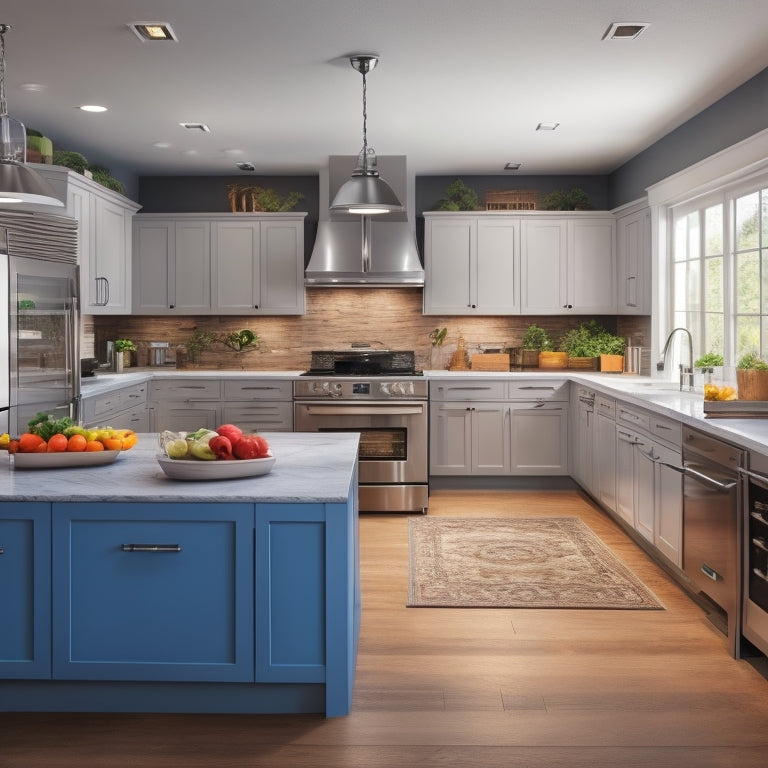 A modern kitchen with sleek countertops, stainless steel appliances, and a large island, surrounded by multiple computer screens displaying 2D and 3D kitchen design plans in various software interfaces.