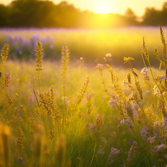 An illustration of a thriving meadow scene with diverse wildflowers in bloom, busy bees of various species collecting nectar, and a subtle hint of a nearby beehive in the warm, golden light of sunset.