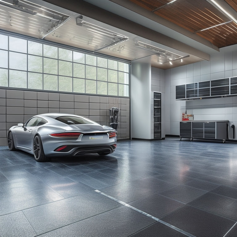 A modern garage interior with polished, reflective NewAge flooring tiles in a sleek, dark gray metallic finish, surrounded by sleek, silver sports cars and minimalist industrial decor.