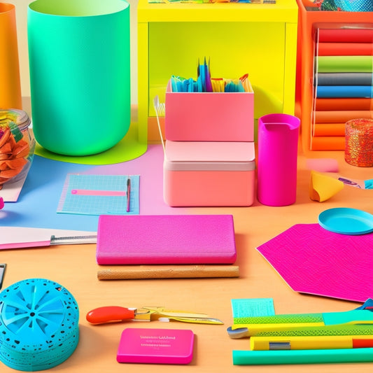 A colorful, clutter-free workspace with a discbound planner, assorted craft supplies like scissors, glue, and paper, and a few handmade accessories like customized dividers and decorative inserts.