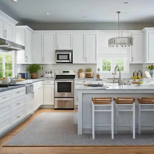 A modern kitchen with sleek, white cabinets, a central island with a built-in sink, and a stainless steel refrigerator, featuring pull-out drawers, baskets, and adjustable shelves filled with neatly organized cookware and utensils.