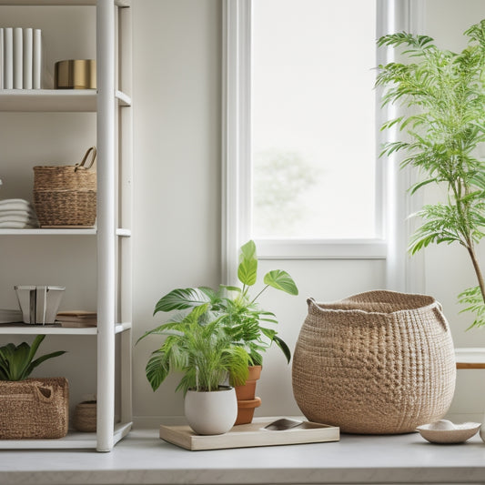 A serene, minimalist space with natural light, featuring a neatly organized bookshelf, a woven basket, and a few carefully placed potted plants, conveying a sense of calm and intentional living.