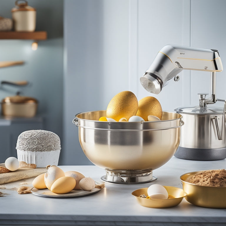 A stainless steel Ankarsrum mixer stands proudly on a clean, white countertop, surrounded by assorted baking utensils, a few fresh eggs, and a sprinkle of flour, with a warm, golden lighting effect.