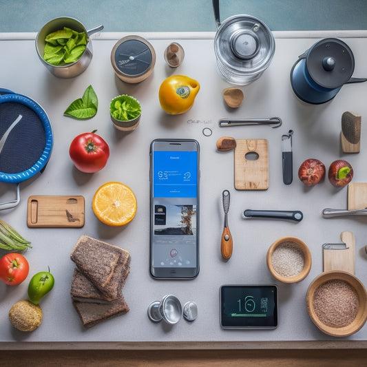 A cluttered kitchen counter with various kitchen gadgets and utensils scattered around, next to a tidy smartphone displaying a kitchen organization app's dashboard with icons and charts.