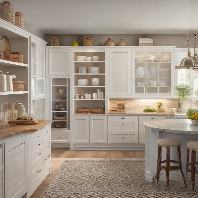 A tidy, L-shaped kitchen with creamy cabinets, warm lighting, and a mix of open shelving and closed storage, showcasing a carousel, a lazy Susan, and a pull-out pantry organizer.