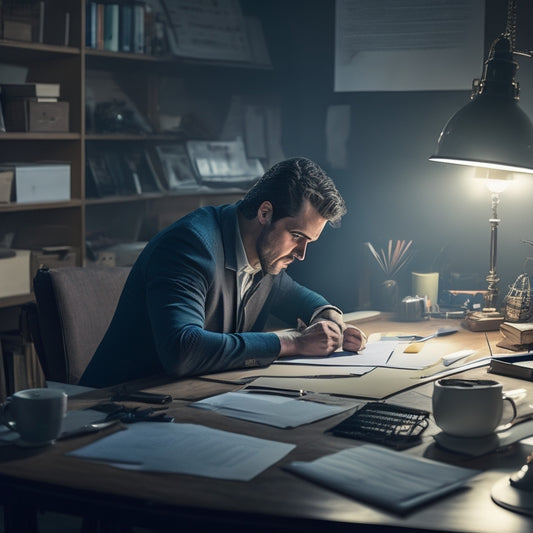 A cluttered, dimly lit workspace with scattered papers, broken pens, and a overwhelmed individual in the background, contrasted with a tidy, well-lit desk featuring a sleek laptop and a calm, focused person.