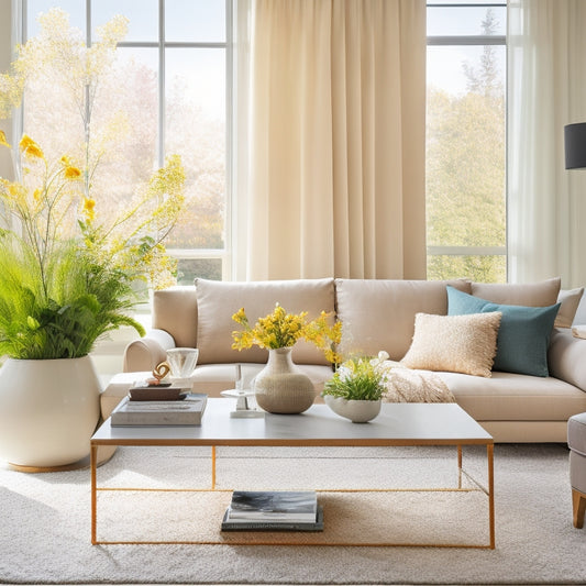 A bright, airy living room with a minimalist sectional sofa, a vase with fresh flowers, and a few strategically placed decorative items on a sleek coffee table, against a backdrop of natural light pouring in through large windows.