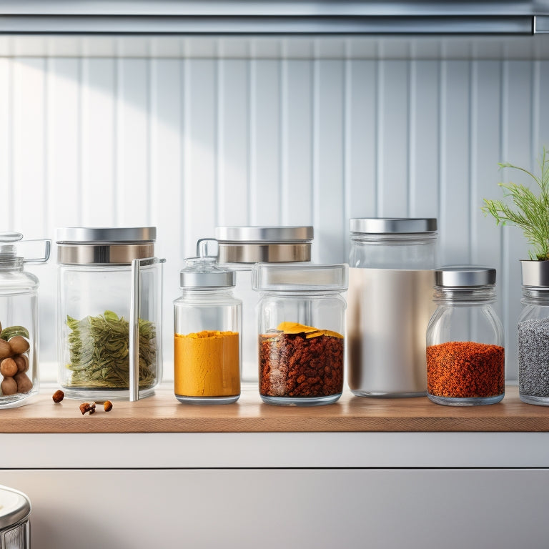 A bright, modern kitchen with a sleek, white countertop, featuring a diagonal row of five glass spice jars with chrome lids, each filled with a different vibrant spice, against a soft, beige background.