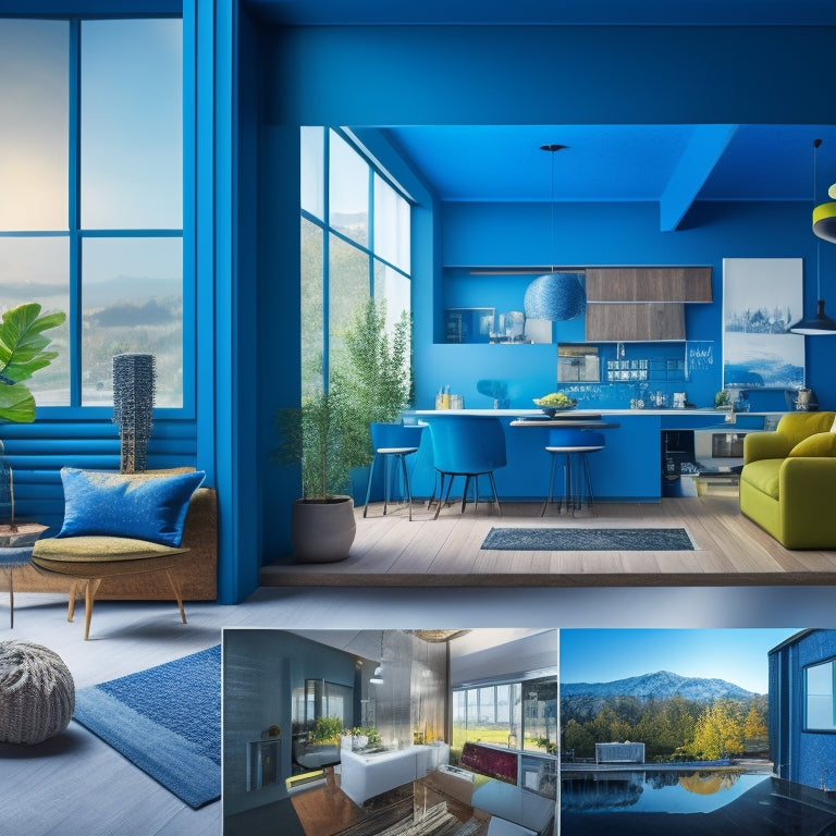 An illustrated montage of a blueprint transforming into a vibrant, modern home, with a faint cityscape in the background, surrounded by scattered design elements like paint swatches and architectural models.