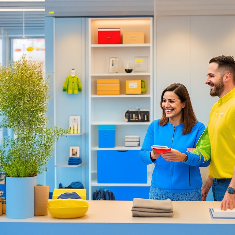 A bright, modern IKEA store interior with a friendly staff member assisting a smiling customer on a tablet, surrounded by sleek shelves and minimalist decor, with a subtle Swedish flag motif.