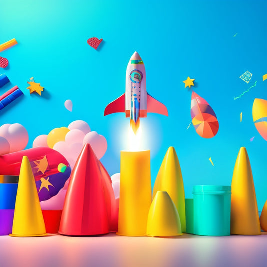 A stylized illustration of a rocket ship blasting off from a desk, leaving a trail of colorful printables and Etsy icons, surrounded by confetti and rising graph lines in a bright, sunny background.